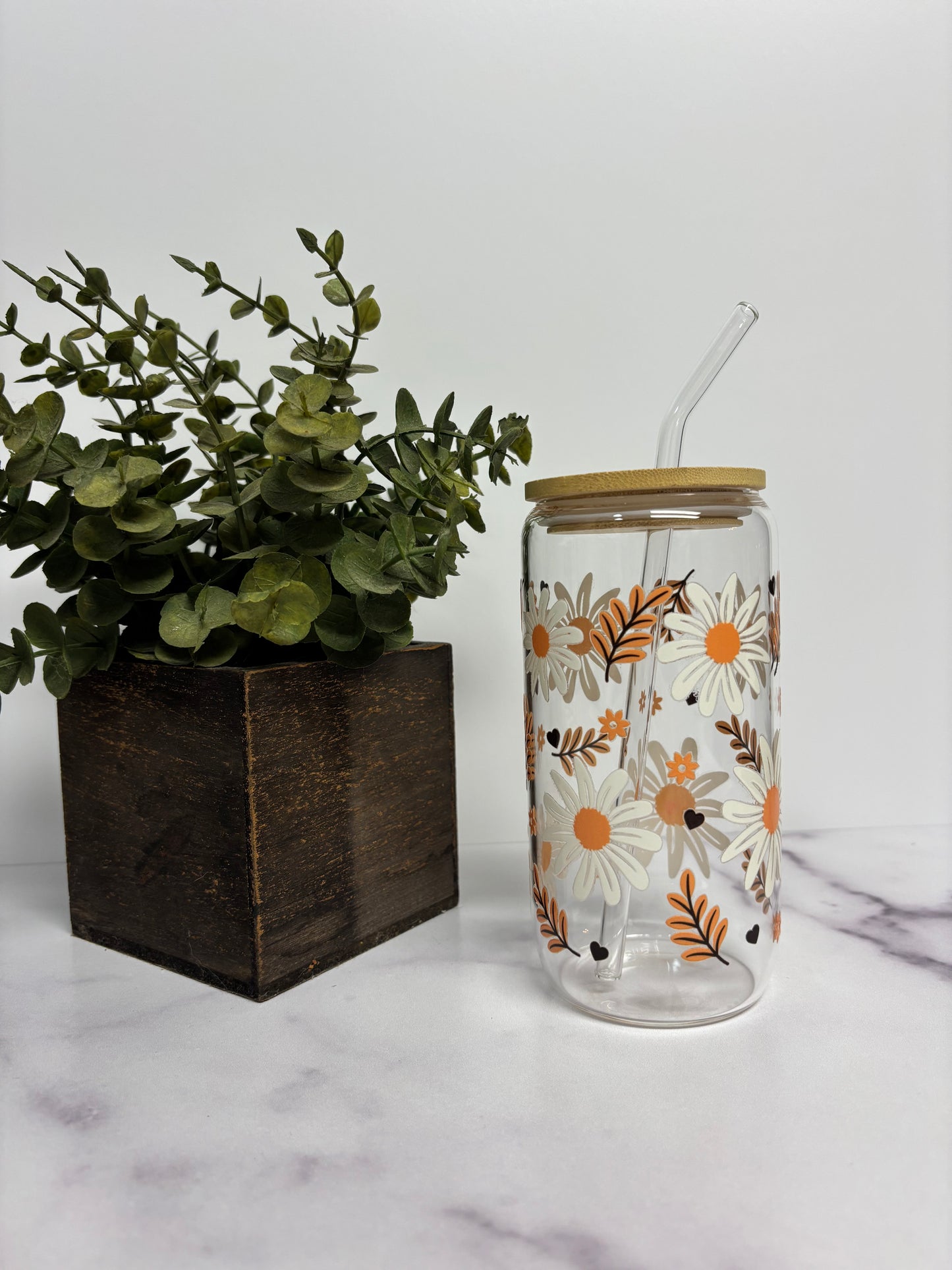 “Harvest Daisy” Glass Cup W/ Bamboo Lid & Glass Straw