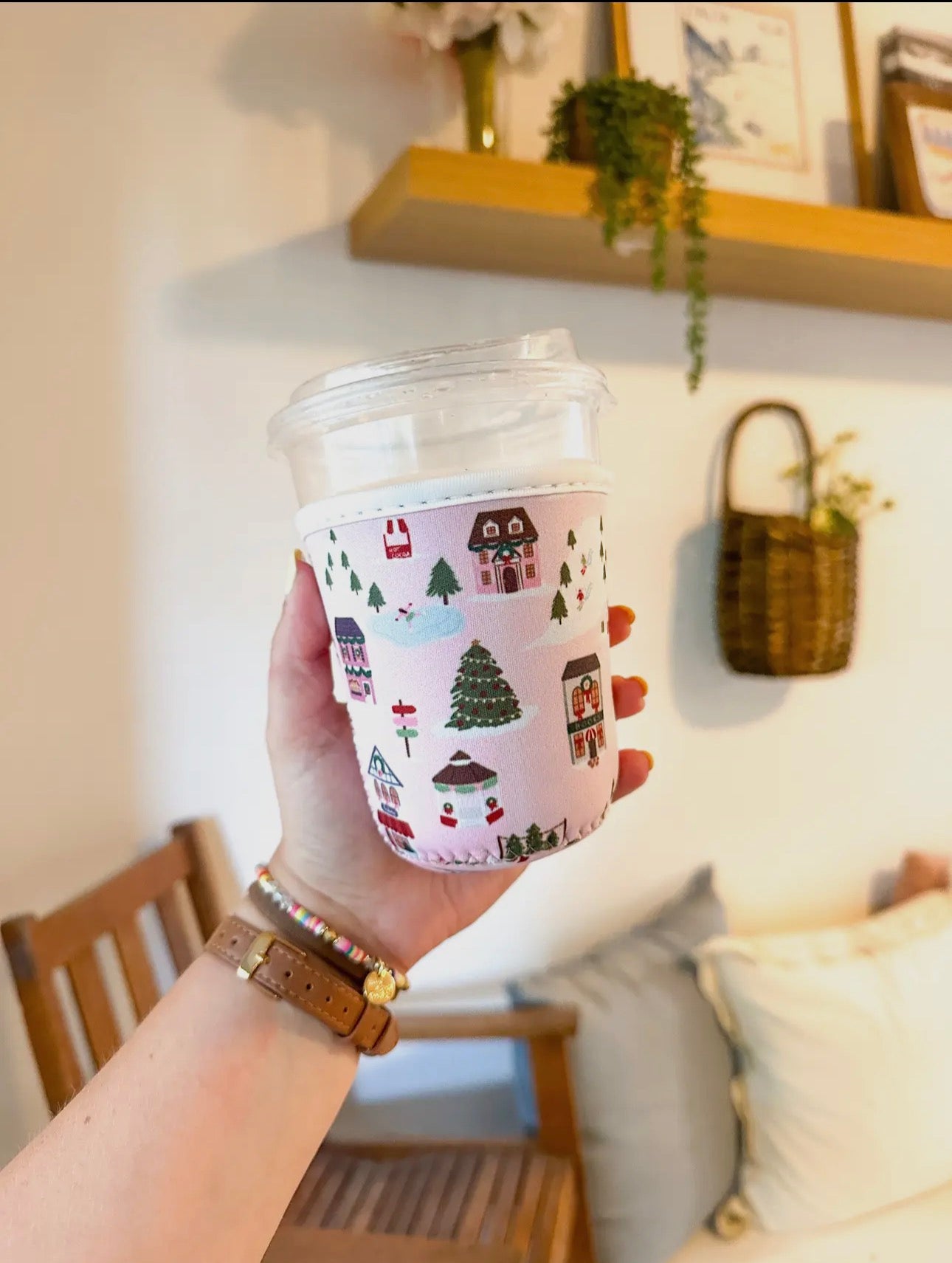 Pink Christmas Village - Reusable Cup Sleeve