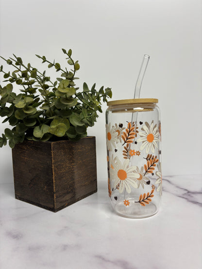 “Harvest Daisy” Glass Cup W/ Bamboo Lid & Glass Straw