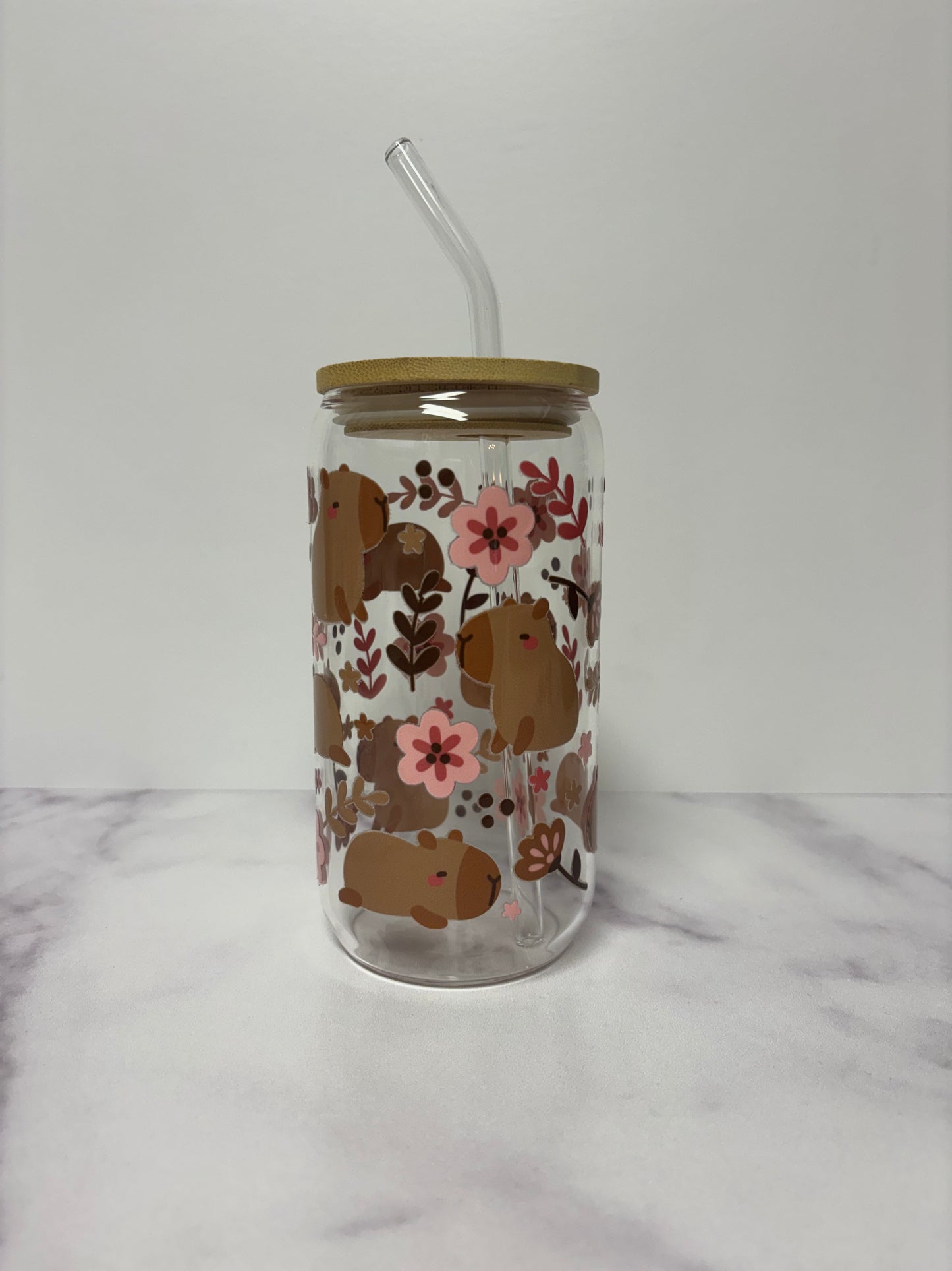Pink flower capybara glass cup