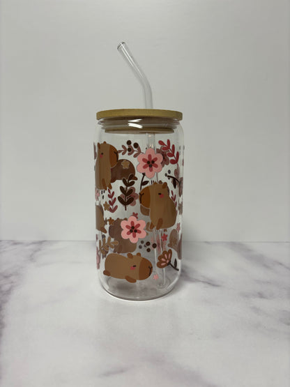 Pink flower capybara glass cup