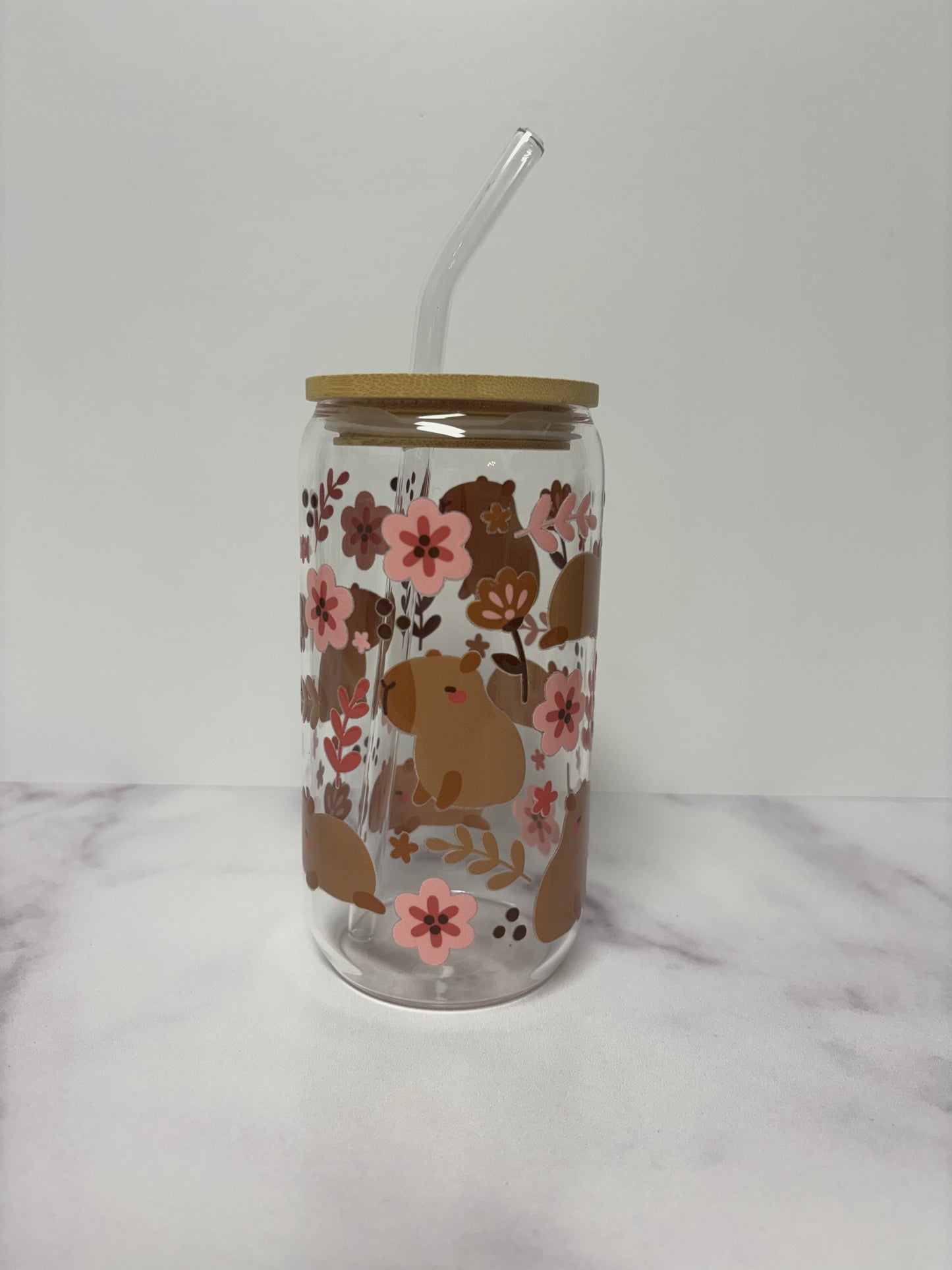 Pink flower capybara glass cup