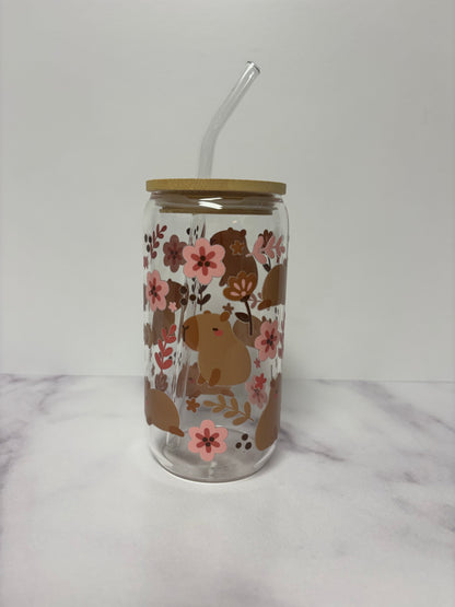 Pink flower capybara glass cup