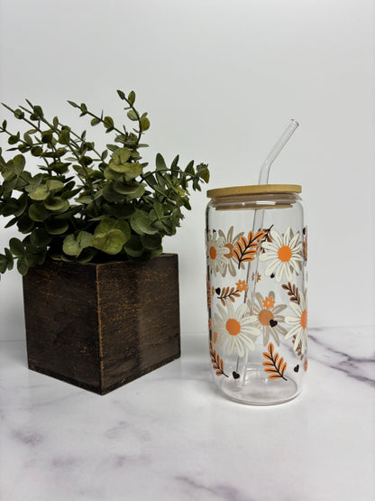 “Harvest Daisy” Glass Cup W/ Bamboo Lid & Glass Straw