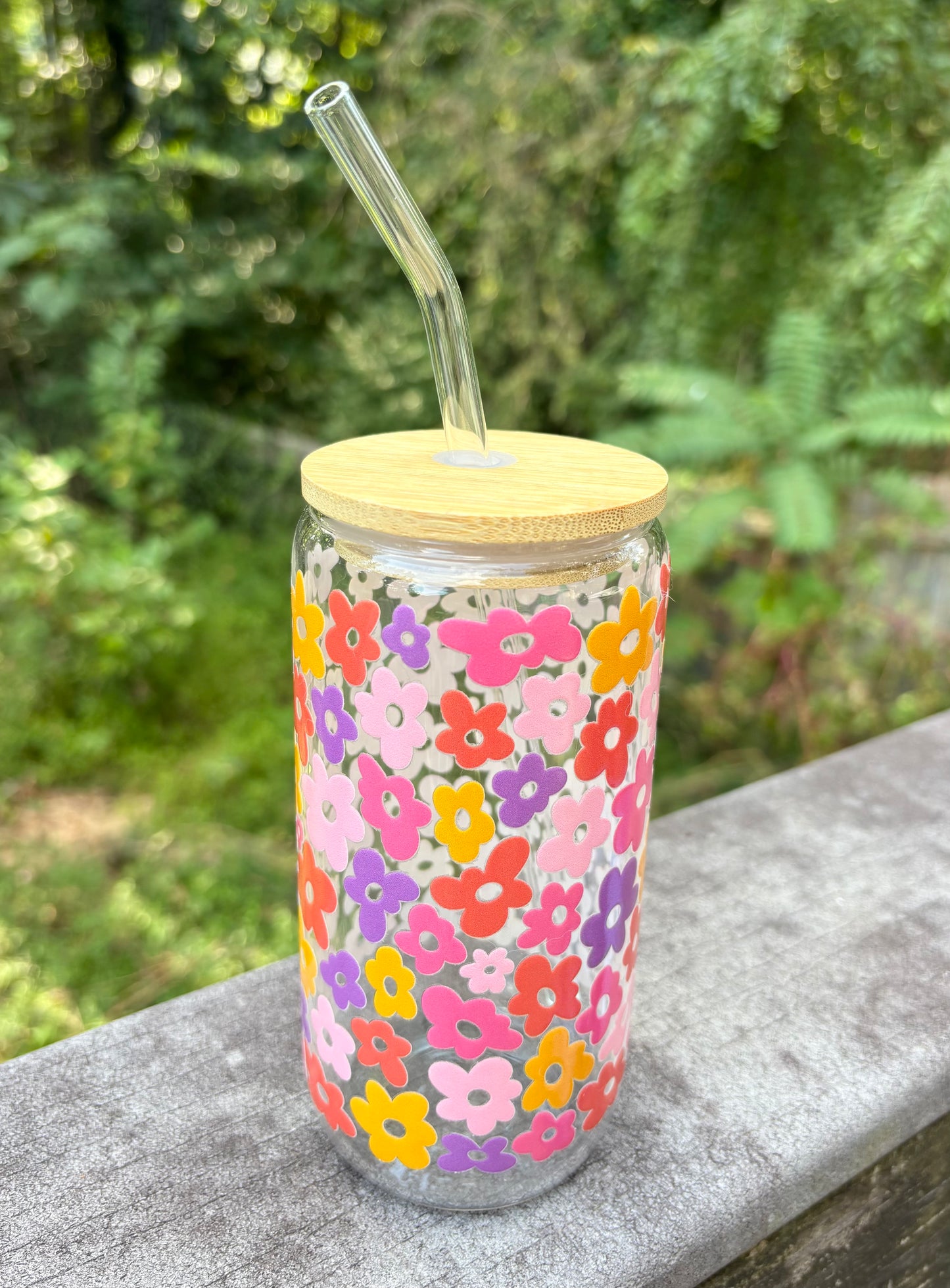 ‘Flower Power’ Glass Cup W/ Bamboo Lid & Glass Straw