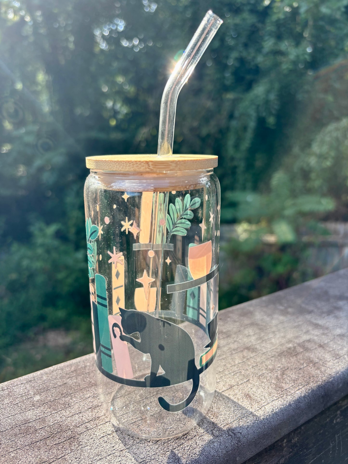 ‘Black Cat & Books’ Glass Cup w/Bamboo Lid & Glass Straw