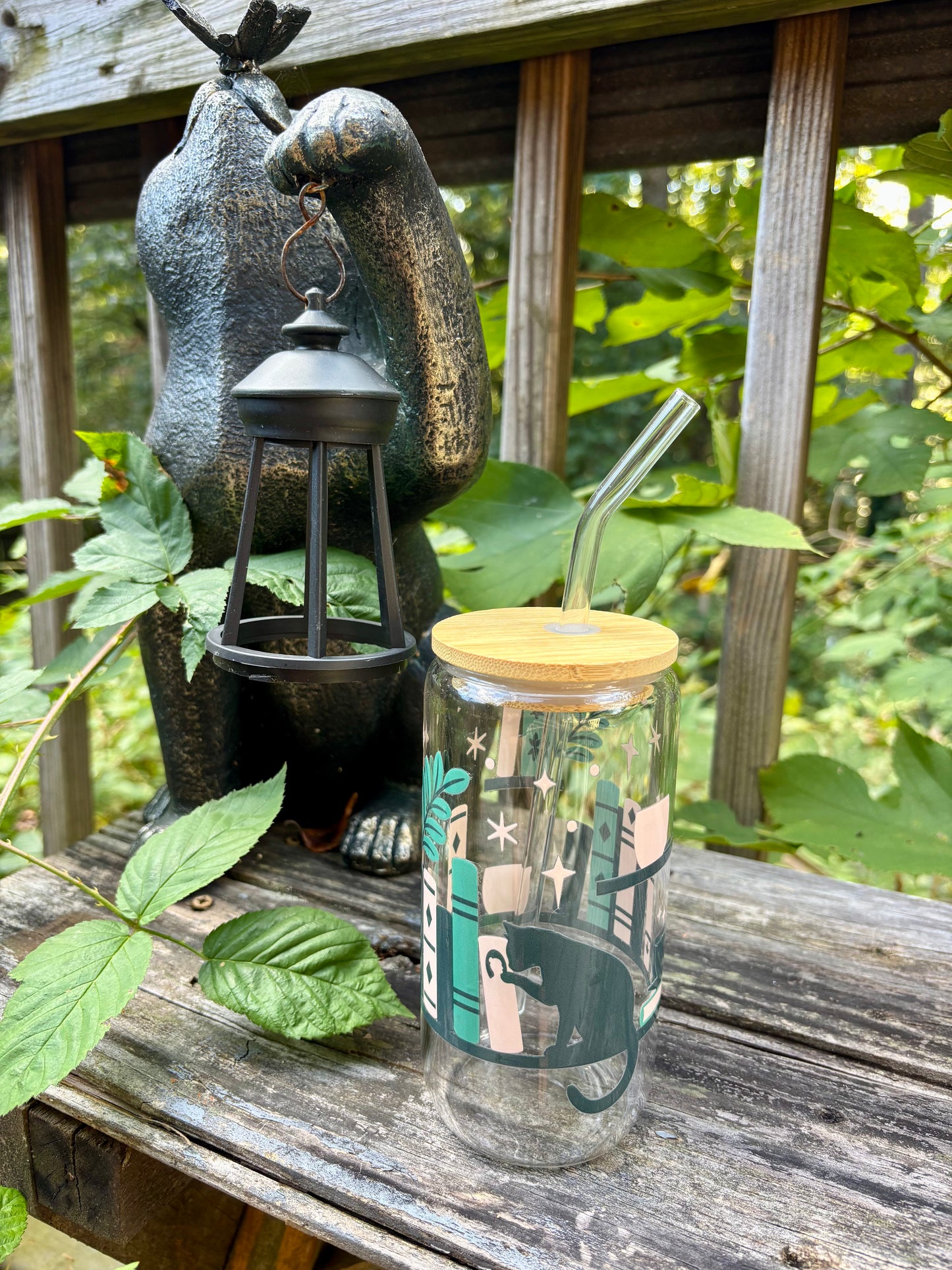 ‘Black Cat & Books’ Glass Cup w/Bamboo Lid & Glass Straw