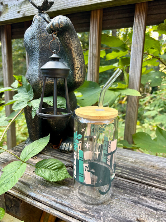 ‘Black Cat & Books’ Glass Cup w/Bamboo Lid & Glass Straw