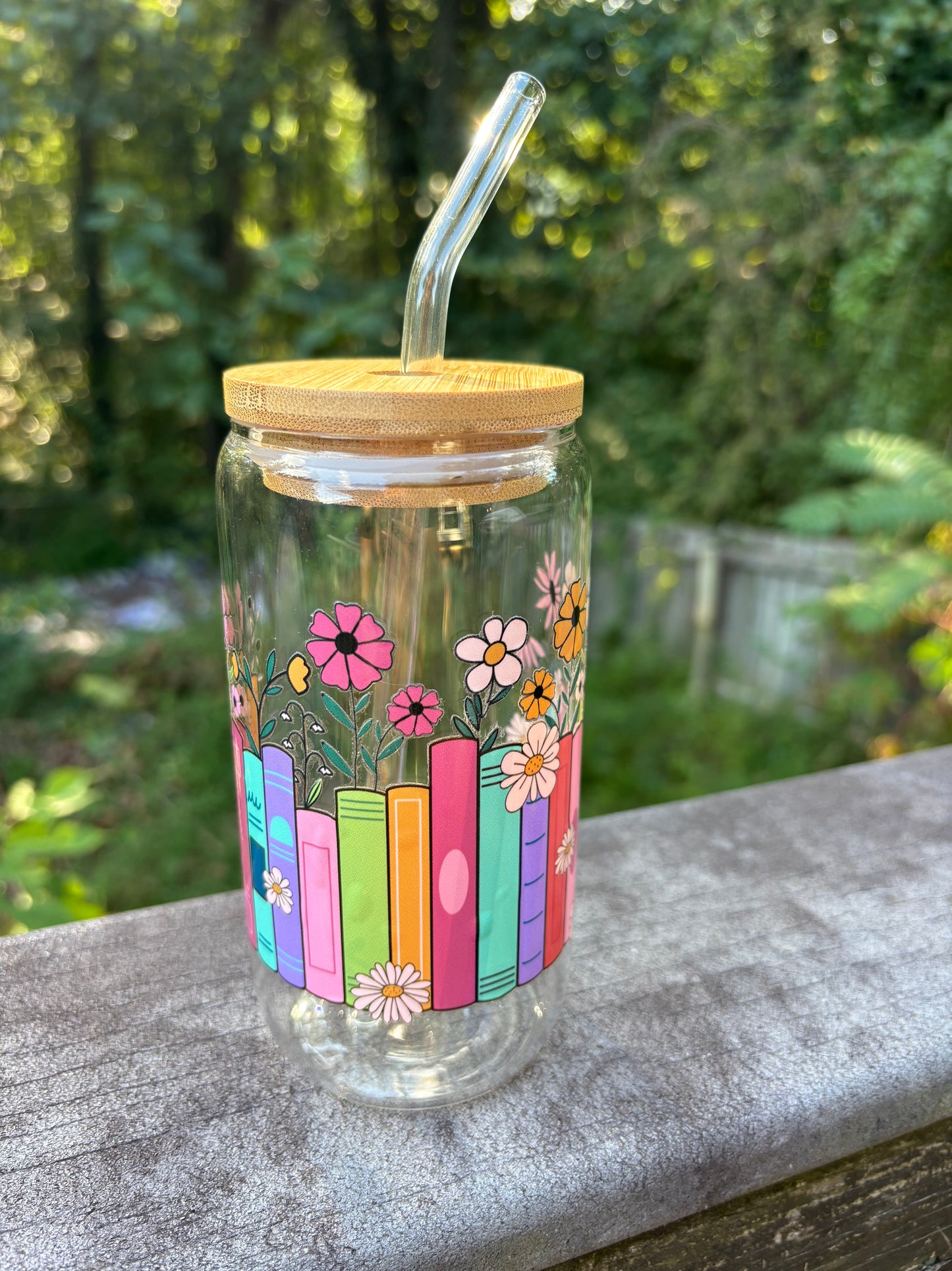‘Books & Flowers’ Glass Cup w/Bamboo Lid & Glass Straw