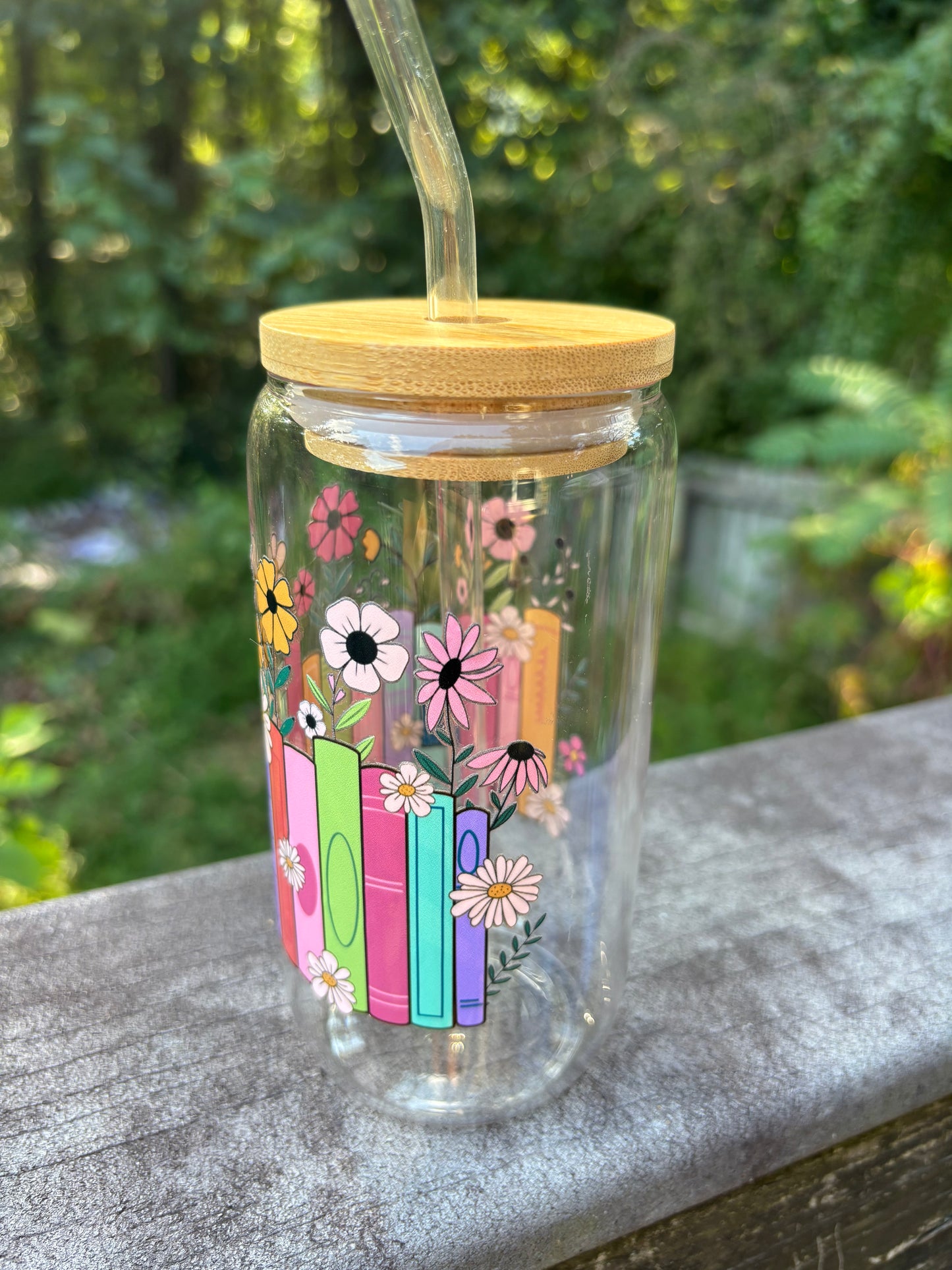 ‘Books & Flowers’ Glass Cup w/Bamboo Lid & Glass Straw