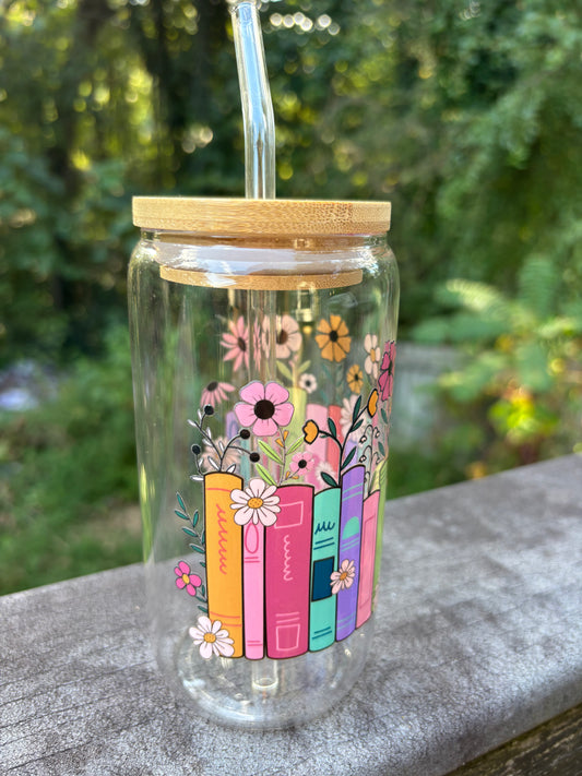 ‘Books & Flowers’ Glass Cup w/Bamboo Lid & Glass Straw