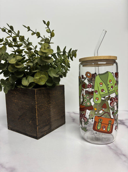 “Cottage Core Cutie” Glass Cup W/ Bamboo Lid & Glass Straw