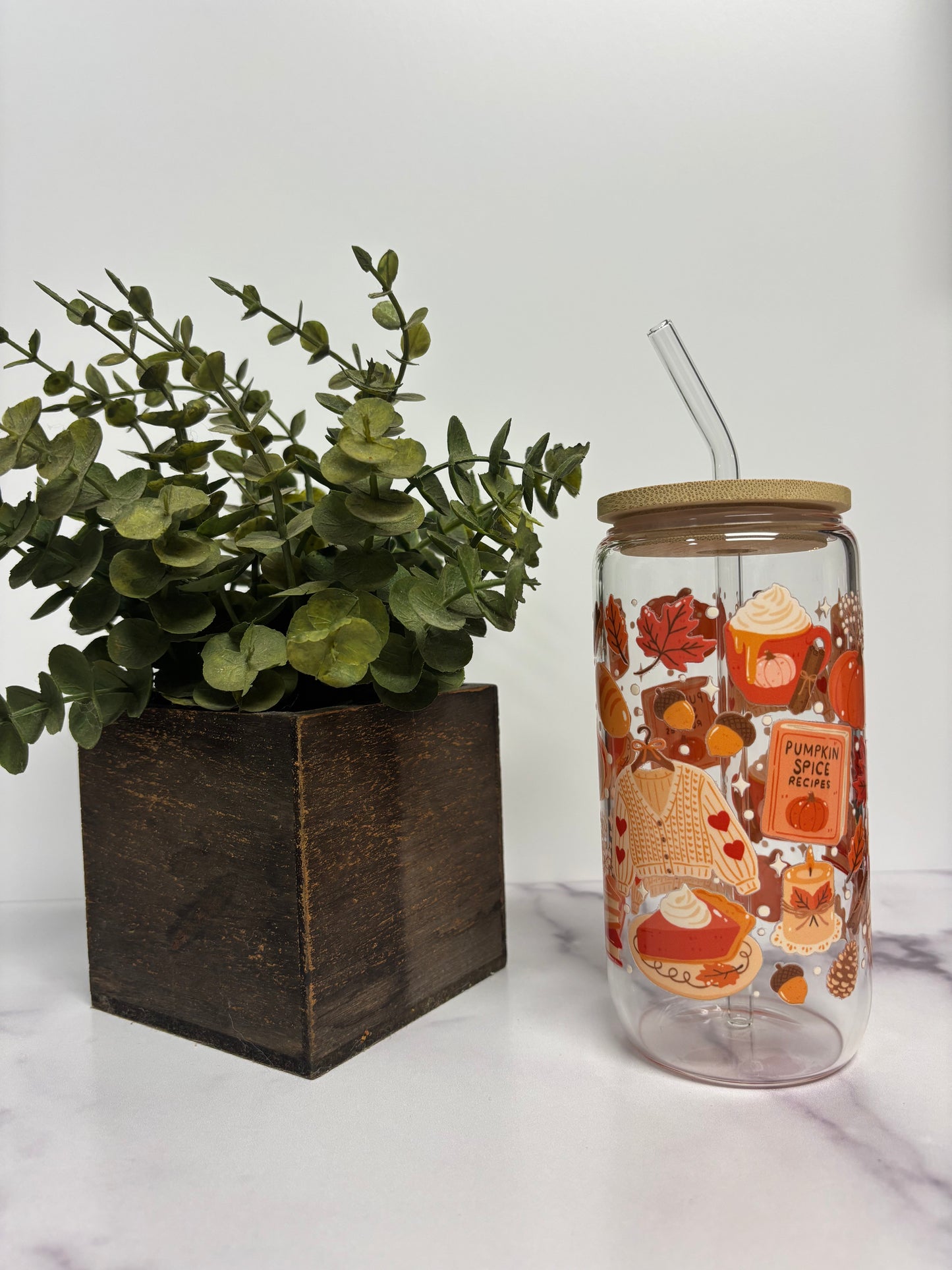 “Pumpkin Spice” Glass Cup W/ Bamboo Lid & Glass Straw
