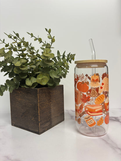“Pumpkin Spice” Glass Cup W/ Bamboo Lid & Glass Straw