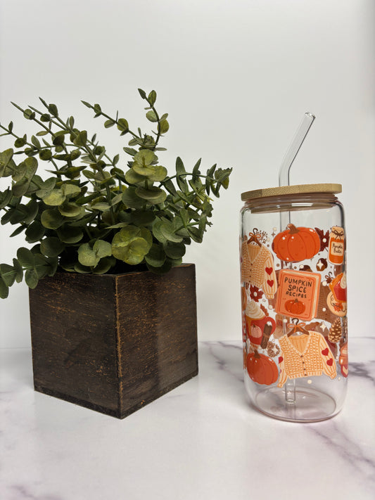 “Pumpkin Spice” Glass Cup W/ Bamboo Lid & Glass Straw