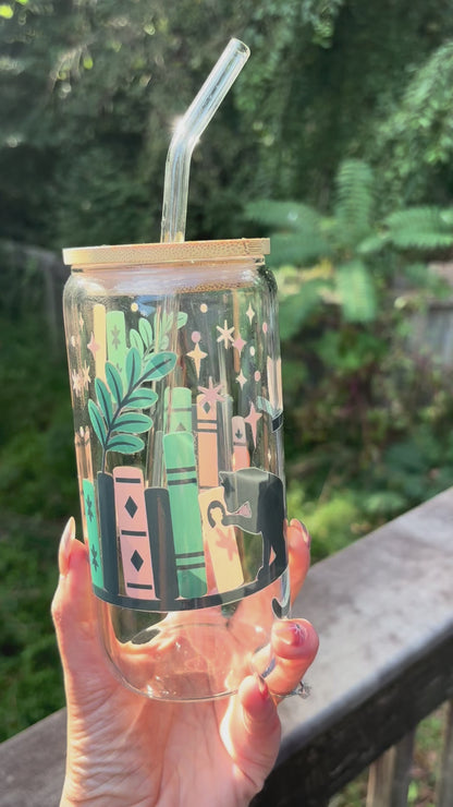 ‘Black Cat & Books’ Glass Cup w/Bamboo Lid & Glass Straw